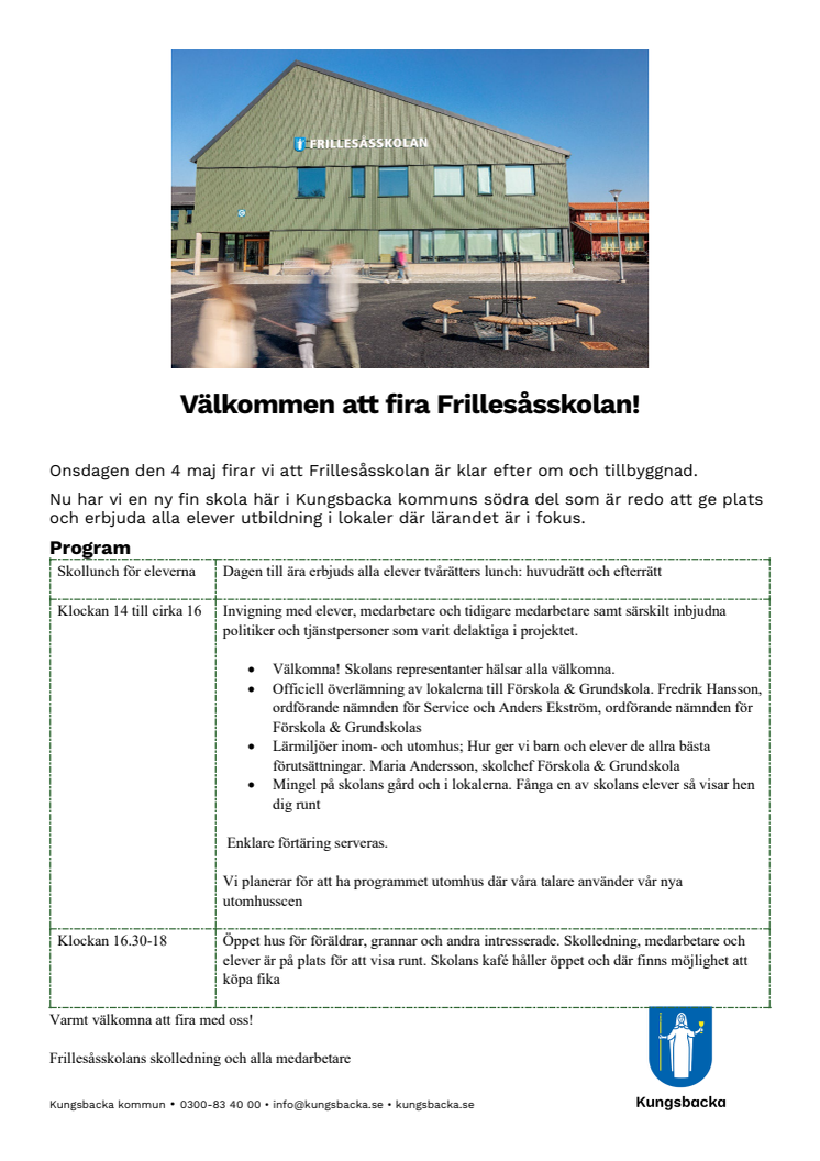Program invigning av Frillesåsskolan 4 maj 2022