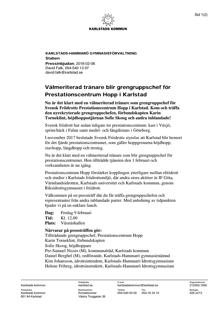 Pressinbjudan: Välmeriterad tränare blir grengruppschef för Prestationscentrum Hopp i Karlstad