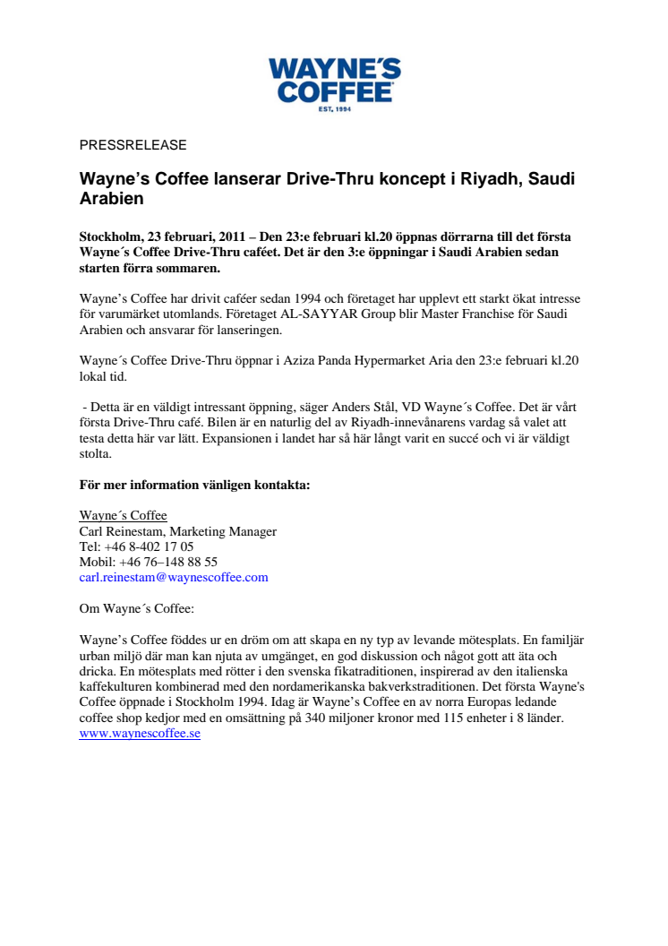 Wayne’s Coffee lanserar Drive-Thru koncept i Riyadh, Saudi Arabien