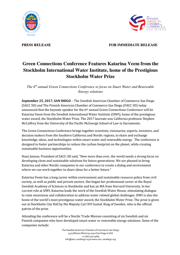 Green Connections Conference Features Katarina Veem from the Stockholm International Water Institute, home of the Prestigious Stockholm Water Prize