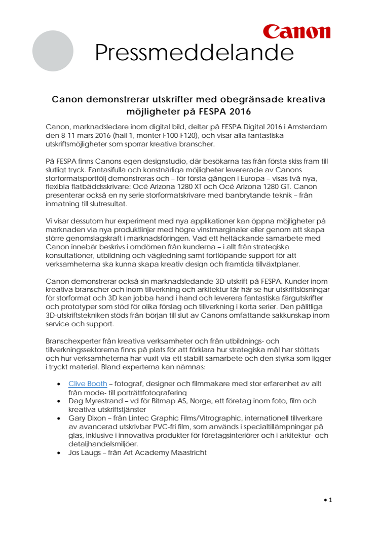 Canon demonstrerar utskrifter med obegränsade kreativa möjligheter på FESPA 2016