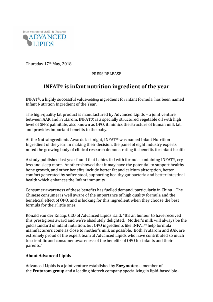 PRESS RELEASE: INFAT® is infant nutrition ingredient of the year