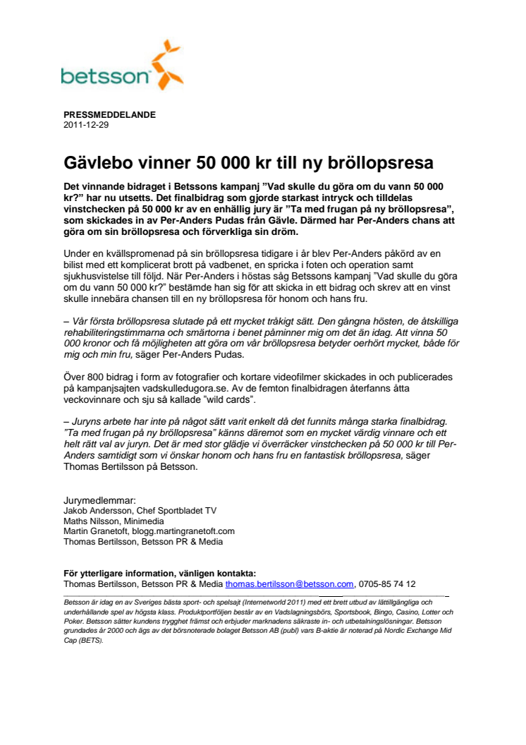 Gävlebo vinner 50 000 kr till ny bröllopsresa