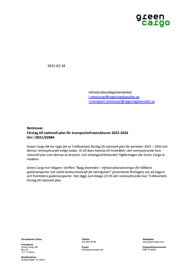Green Cargos remissvar på Trafikverkets förslag till nationell plan 2022-2033.
