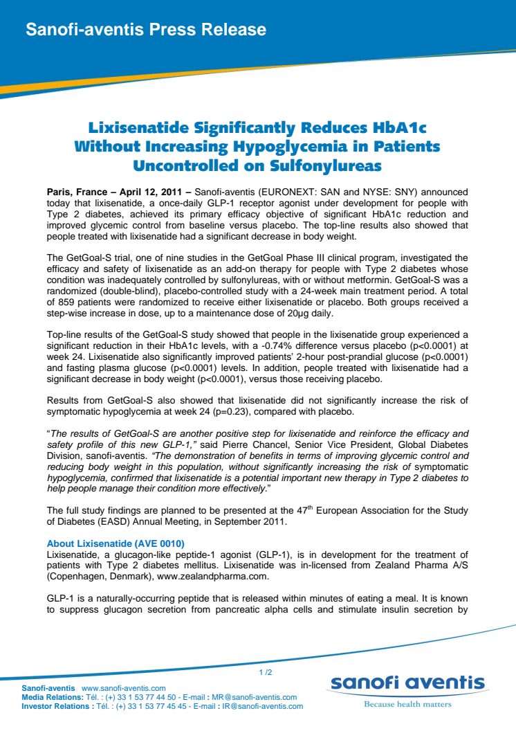 Lixisenatide Significantly Reduces HbA1c Without Increasing Hypoglycemia in Patients Uncontrolled on Sulfonylureas