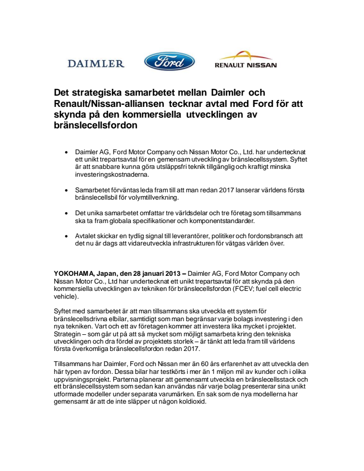 Det strategiska samarbetet mellan Daimler och Renault/Nissan-alliansen tecknar avtal med Ford för att skynda på den kommersiella utvecklingen av bränslecellsfordon