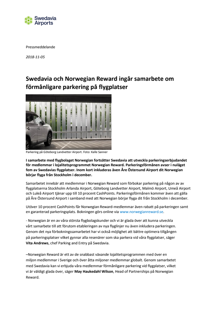 Swedavia och Norwegian Reward ingår samarbete om förmånligare parkering på flygplatser