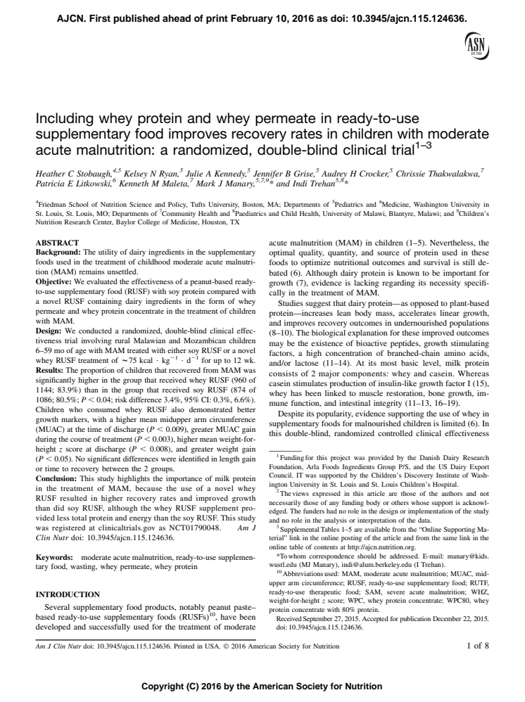  American Journal of Clinical Nutrition - including whey protein and permeate in ready-to-use supplement