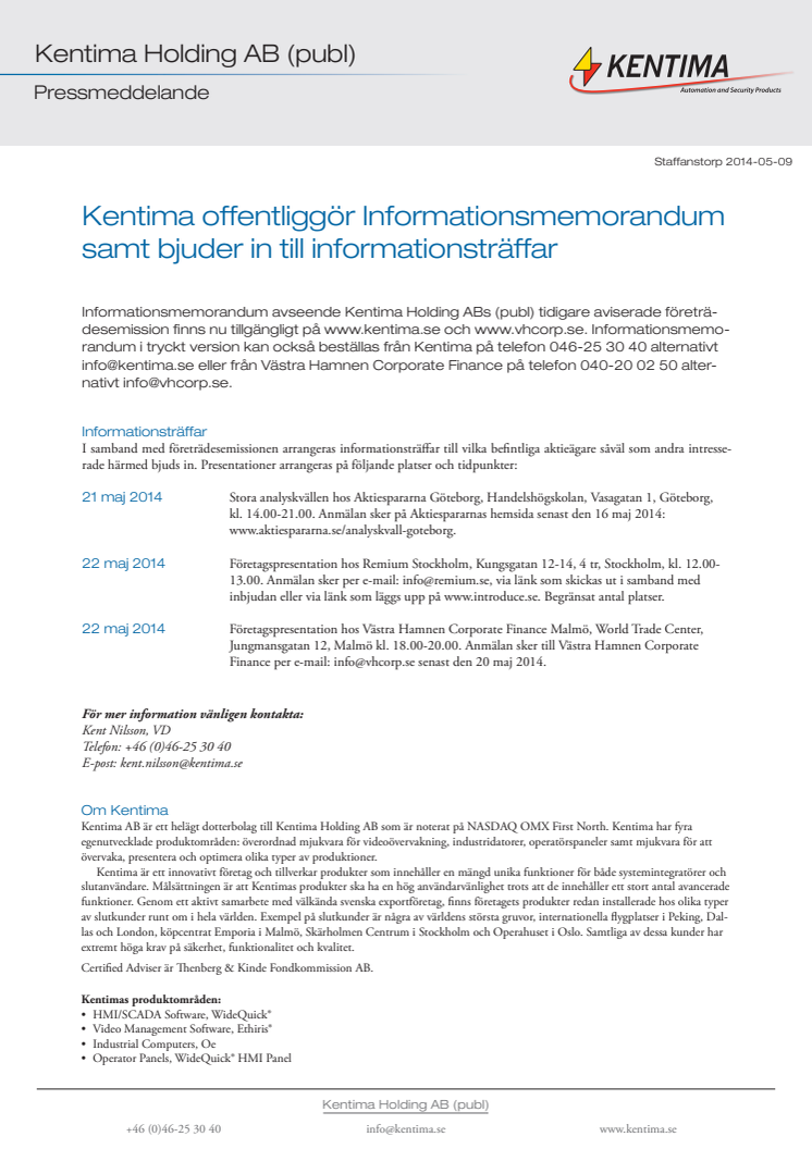Kentima offentliggör Informationsmemorandum samt bjuder in till informationsträffar