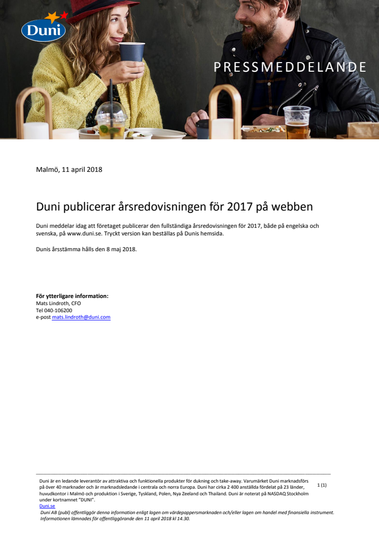 Duni publicerar årsredovisningen för 2017 på webben