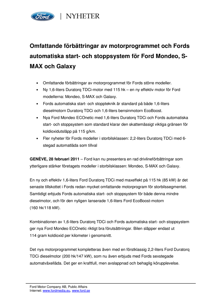 Omfattande förbättringar av motorprogrammet och Fords automatiska start- och stoppsystem för Ford Mondeo, S-MAX och Galaxy