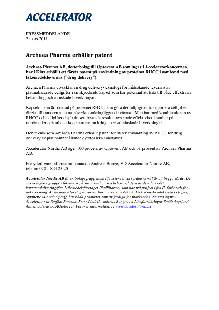 Archaea Pharma erhåller patent