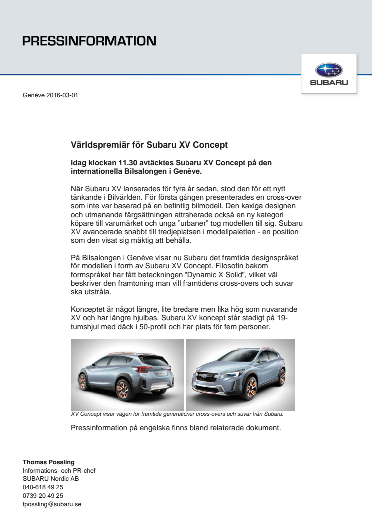 ​​​Världspremiär för Subaru XV Concept