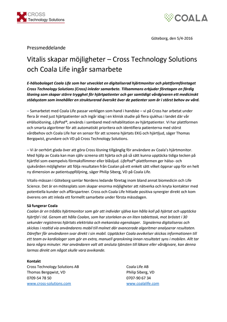 Vitalis skapar möjligheter – Cross Technology Solutions och Coala Life ingår samarbete