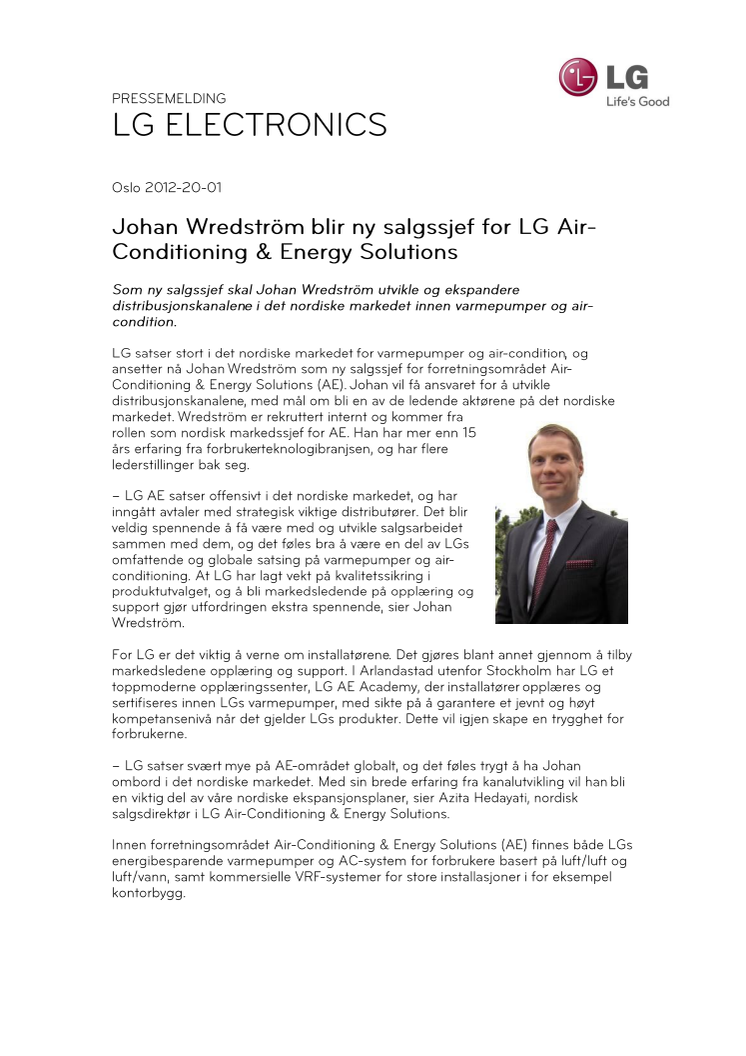 Johan Wredström blir ny salgssjef for LG Air- Conditioning & Energy Solutions