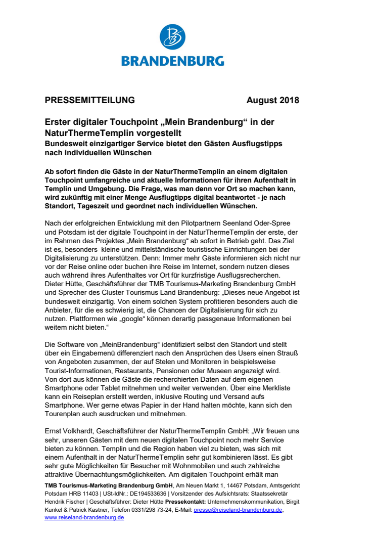 Erster digitaler Touchpoint „Mein Brandenburg“ in der NaturThermeTemplin vorgestellt