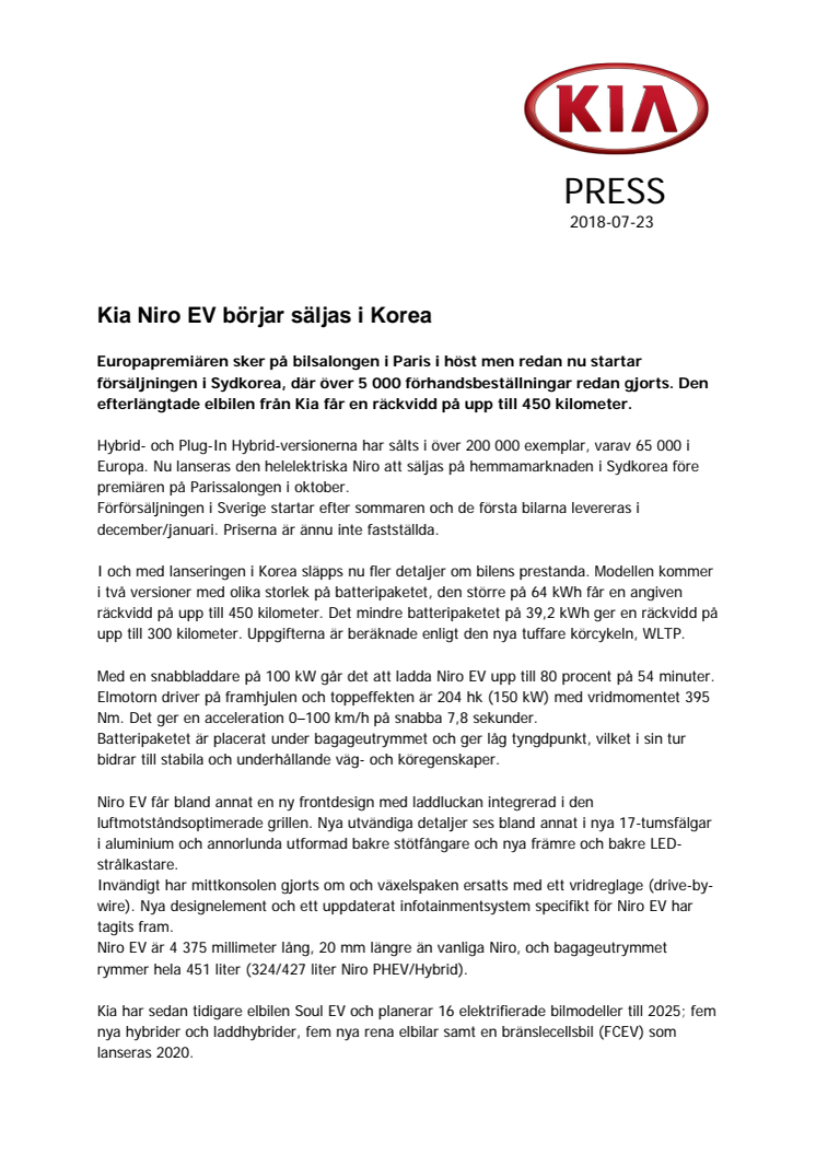 Kia Niro EV börjar säljas i Korea