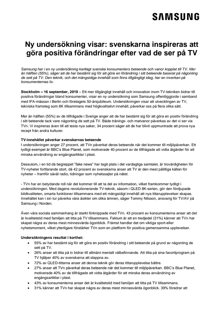 Ny undersökning visar: svenskarna inspireras att göra positiva förändringar efter vad de ser på TV