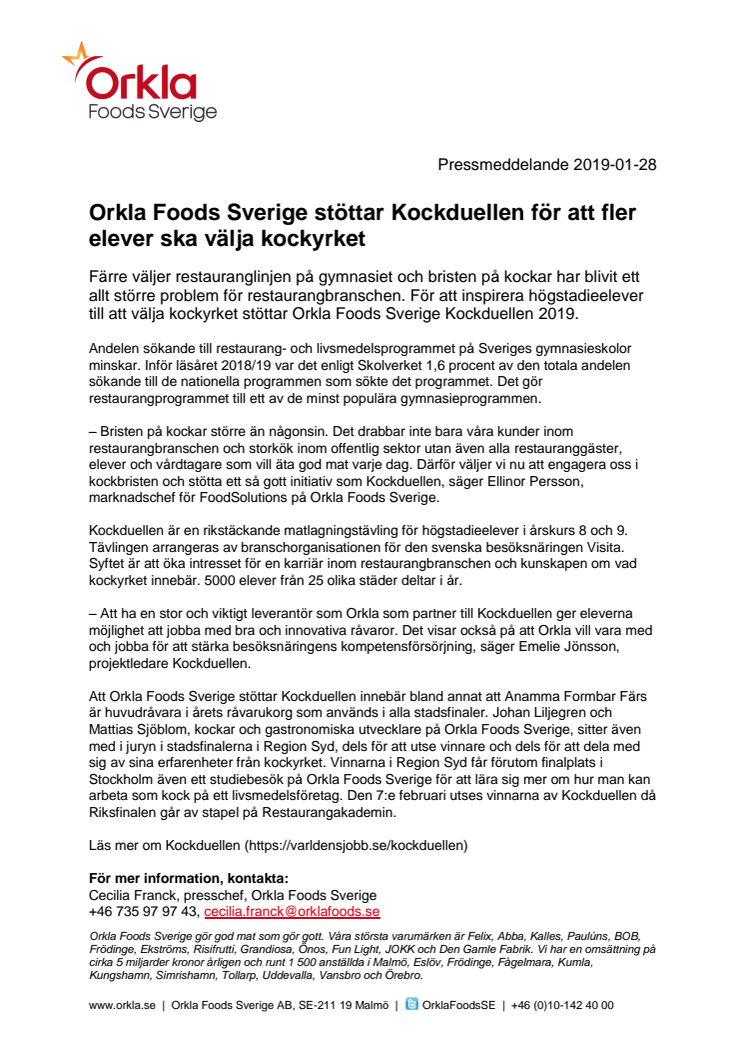 Orkla Foods Sverige stöttar Kockduellen för att fler elever ska välja kockyrket