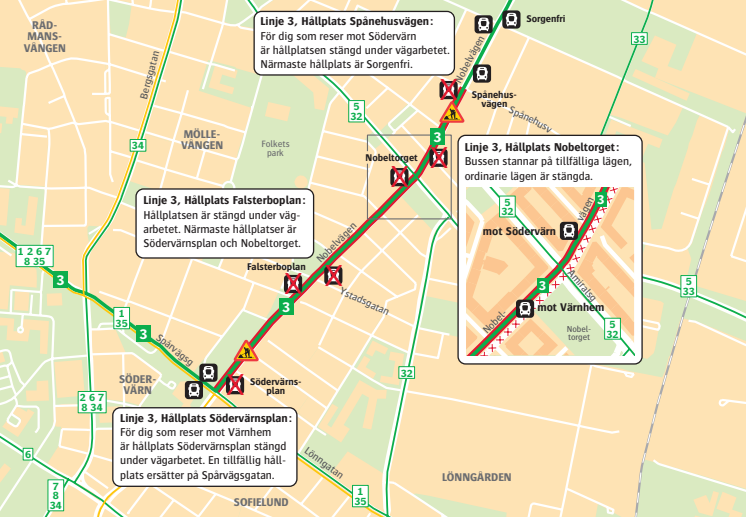 Karta över Nobelvägen och tillfälliga hållplatser på linje 3 under ombyggnaden.