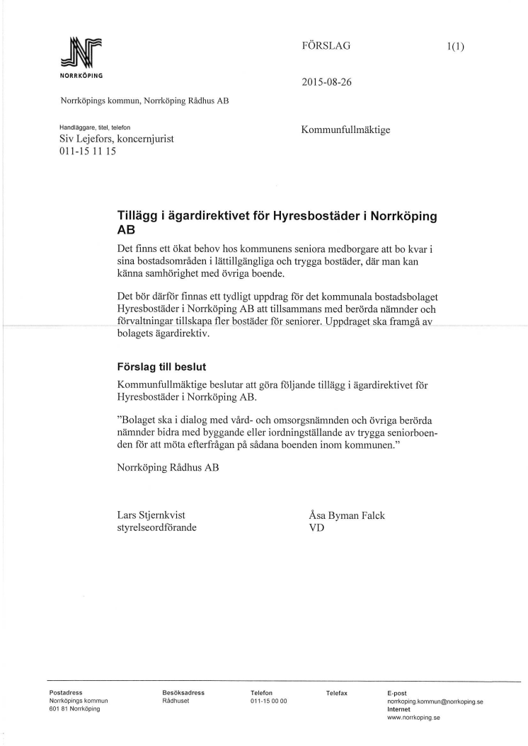 Tillägg i ägardirektivet för Hyresbostäder i Norrköping AB