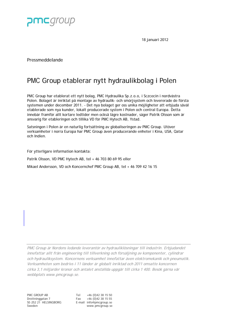 PMC Group etablerar nytt hydraulikbolag i Polen