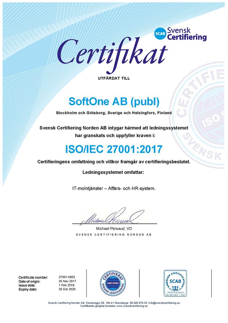 Softone, ISO 27001-certifikat