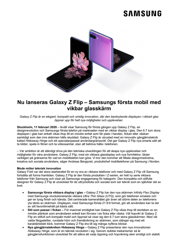 Nu lanseras Galaxy Z Flip – Samsungs första mobil med vikbar glasskärm