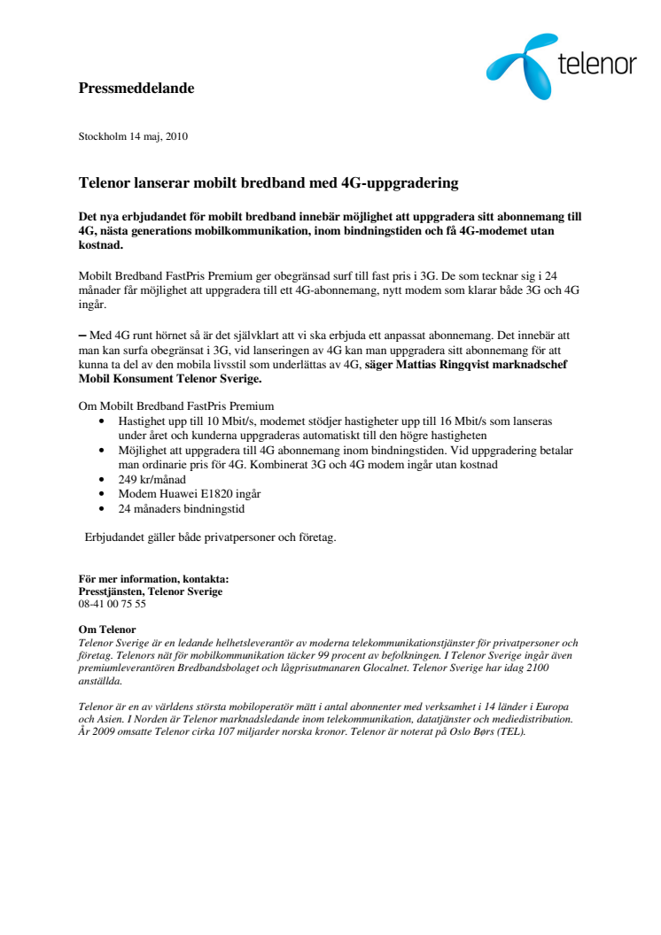 Telenor lanserar mobilt bredband med 4G-uppgradering