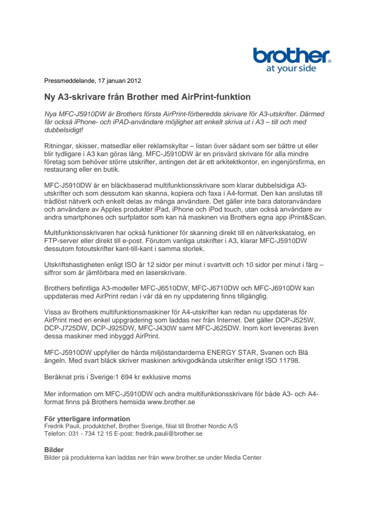 Ny A3-skrivare från Brother med AirPrint-funktion