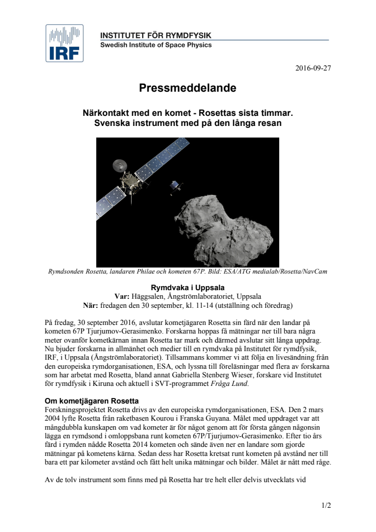 Närkontakt med en komet - Rosettas sista timmar. Svenska instrument med på den långa resan 