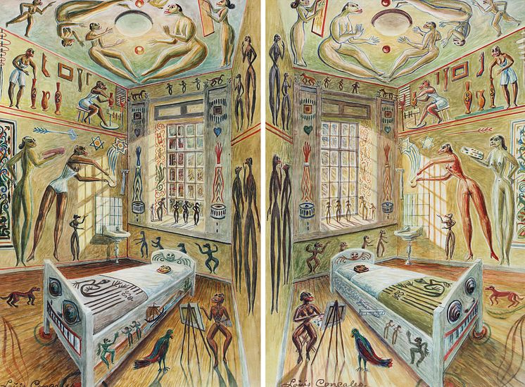 Louis Marcussen (Ovartaci)- Interiør med figurer, To surealistiske kompositioner samlet i én ramme. Akvarel og gouache. Lysmål hver 55 x 37. Hammerslag 200.000 kr
