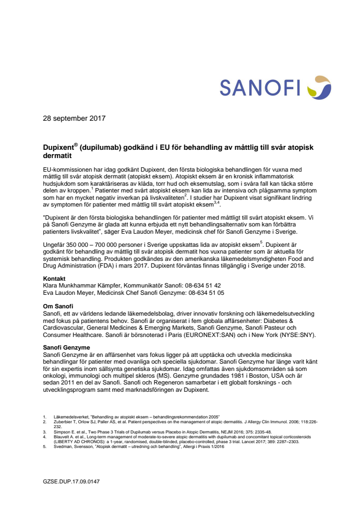 Dupixent® (dupilumab) godkänd i EU för behandling av måttlig till svår atopisk dermatit