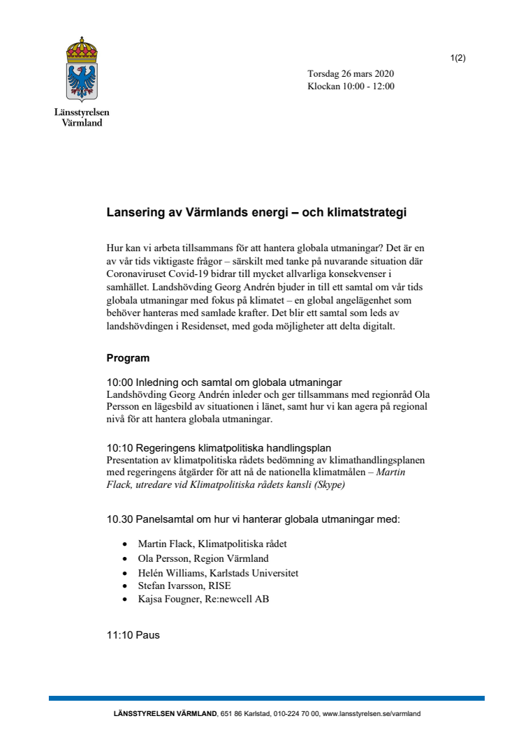 Program inför lansering av Värmlands energi- och klimatstrategi