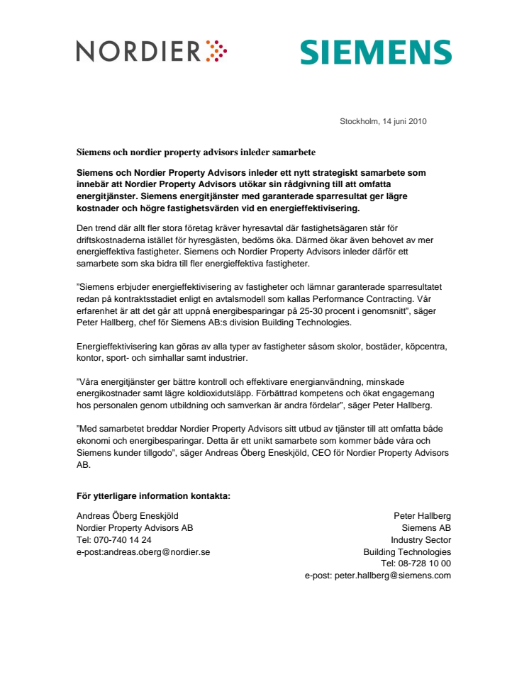 Siemens och Nordier Property Advisors inleder samarbete