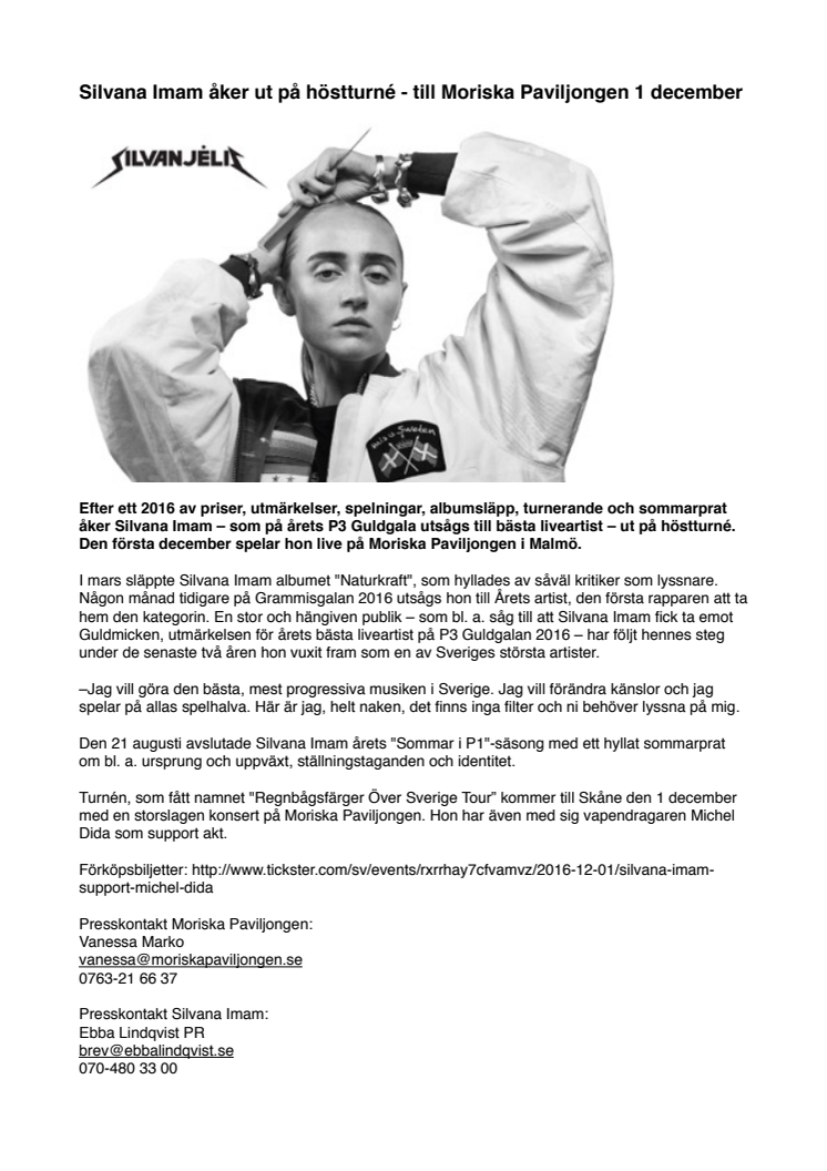 Silvana Imam åker ut på höstturné - kommer till Moriska Paviljongen 1 december