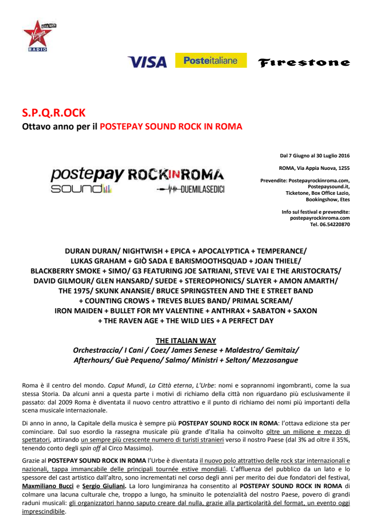 S.P.Q.R.OCK  Ottavo anno per il POSTEPAY SOUND ROCK IN ROMA