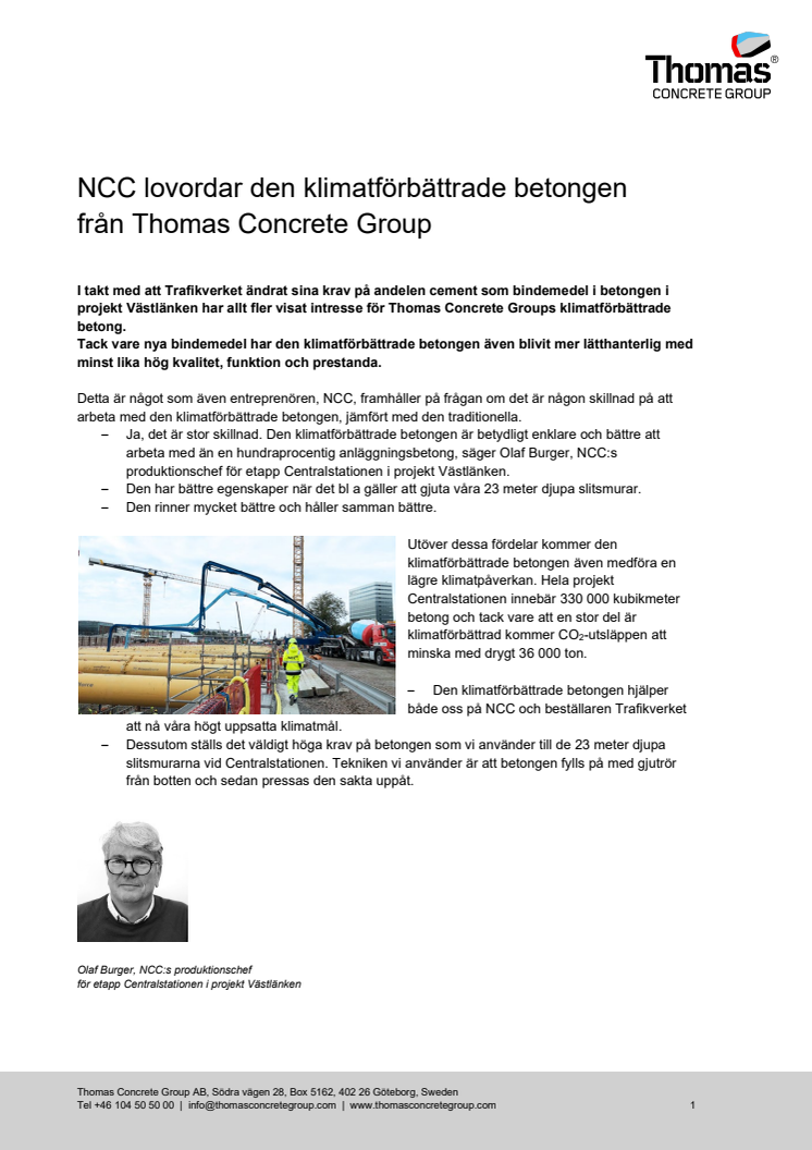 NCC lovordar den klimatförbättrade betongen  från Thomas Concrete Group