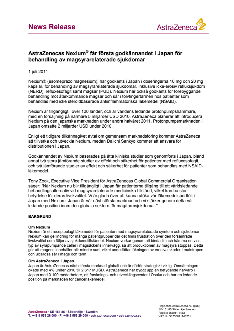 AstraZenecas Nexium® får första godkännandet i Japan för behandling av magsyrarelaterade sjukdomar