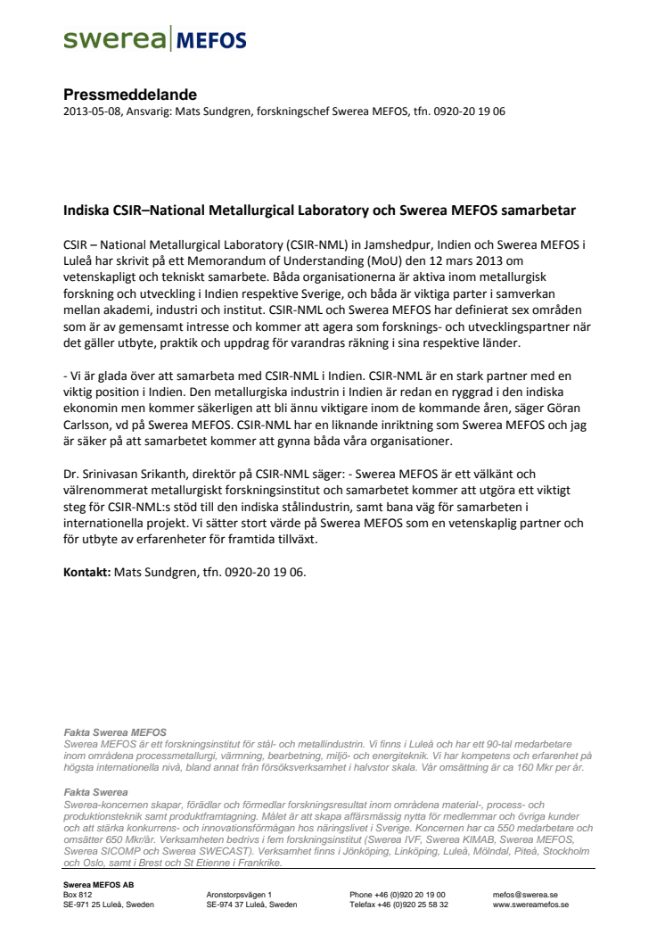 Indiska CSIR-National Metallurgical Lagoratory och Swerea MEFOS samarbetar