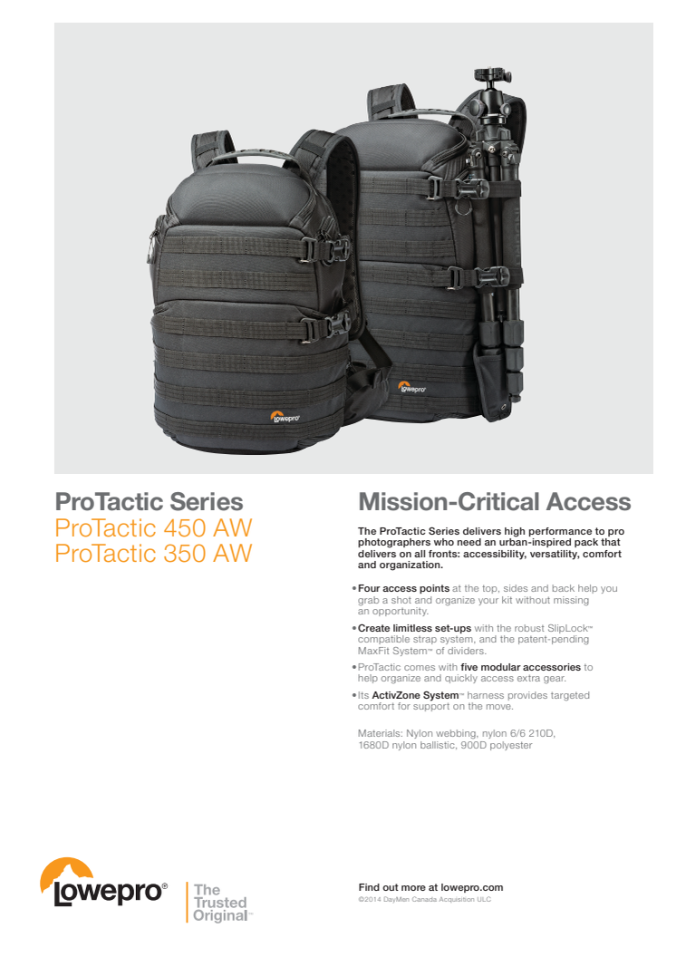 Lowepro Pro Tactic, datablad