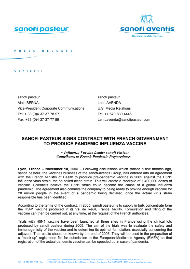 SANOFI PASTEUR SIGNS CONTRACT WITH FRENCH GOVERNMENT TO PRODUCE PANDEMIC INFLUENZA VACCINE