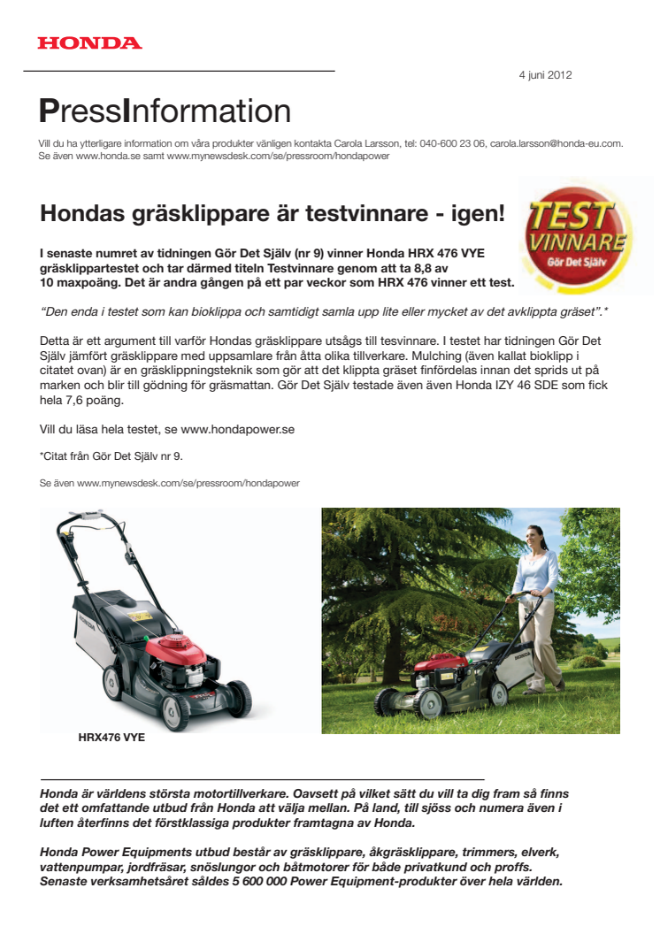 Hondas gräsklippare Testvinnare - igen!