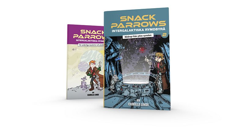 ”Snack Parrows intergalaktiska rymdbyrå: Nödrop från yttre rymden” är den andra boken i serien om Snack och hans vänner. Första boken ”Snack Parrows intergalaktiska rymdbyrå för underliga mysterier och piratbestyr” ses i bakgrunden.