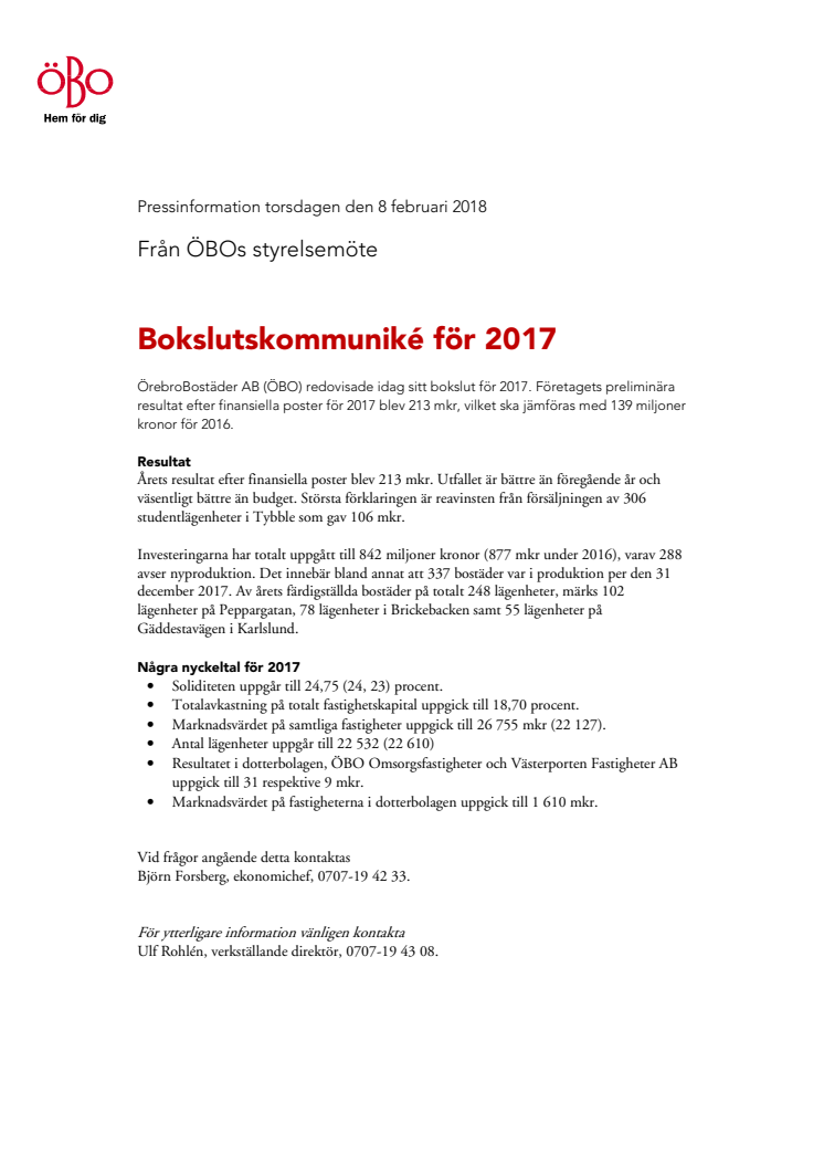 Bokslutskommuniké för 2017