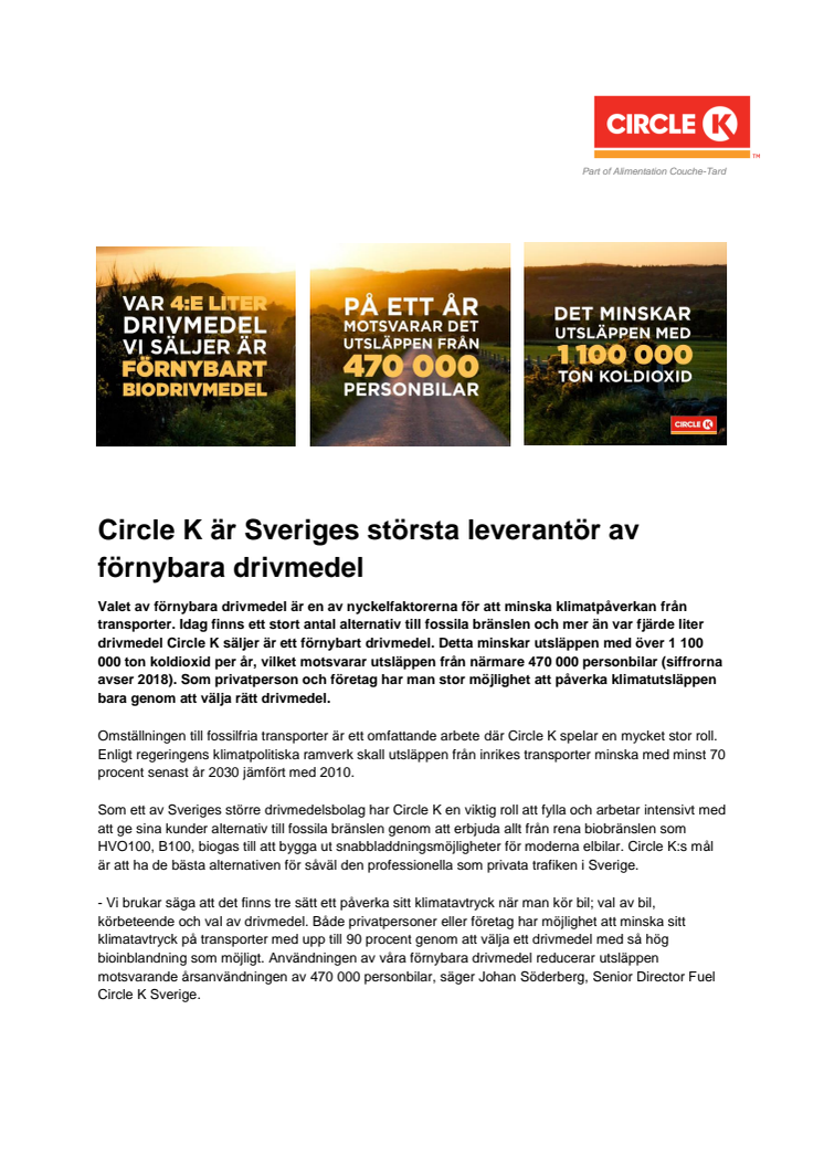 Circle K är Sveriges största leverantör av förnybara drivmedel 