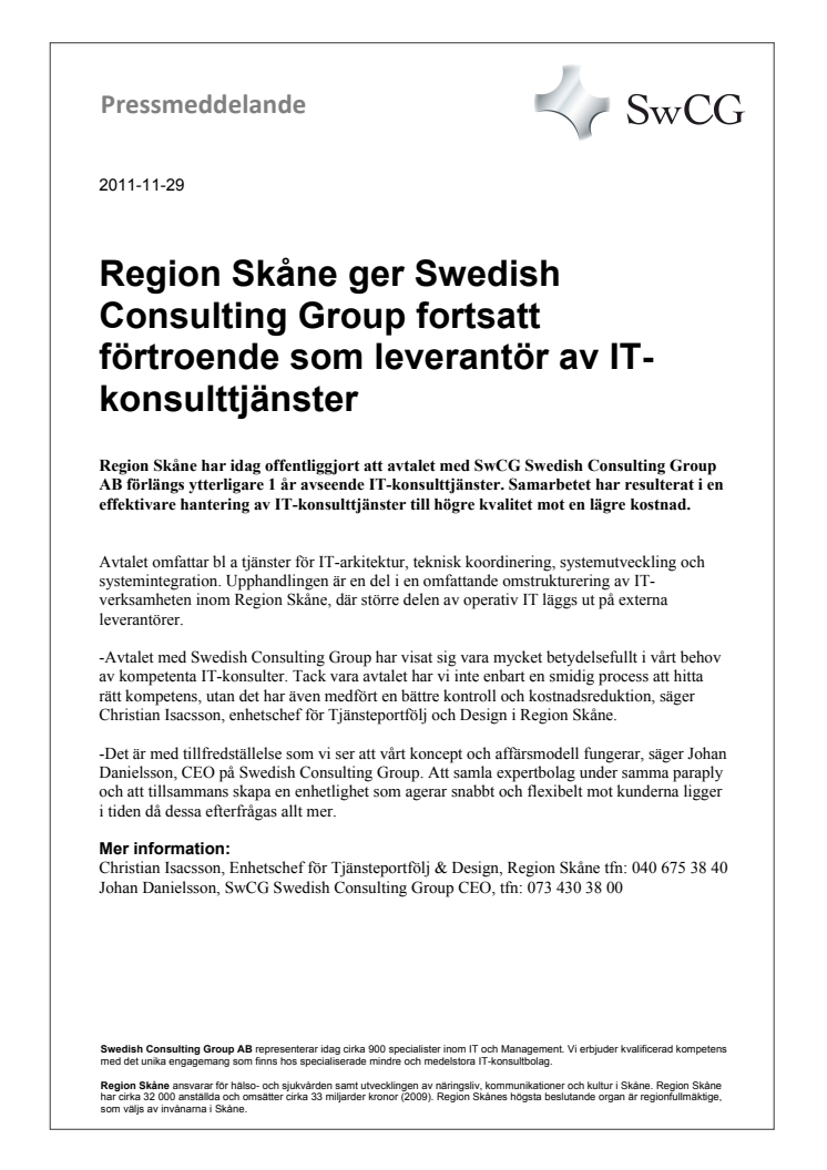 Region Skåne ger Swedish Consulting Group fortsatt förtroende som leverantör av IT-konsulttjänster