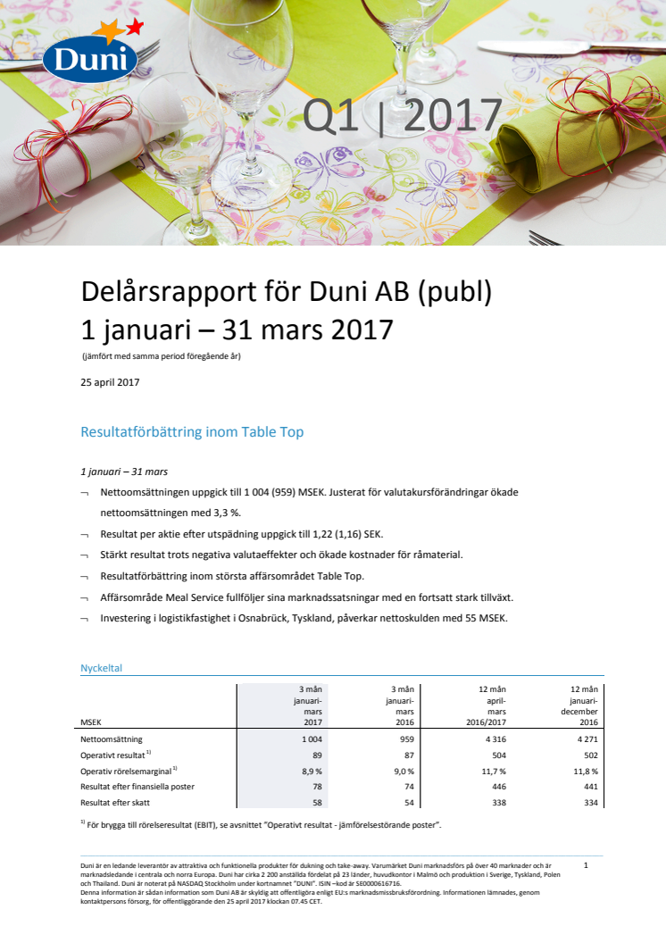 Delårsrapport för Duni AB (publ) 1 januari – 31 mars 2017