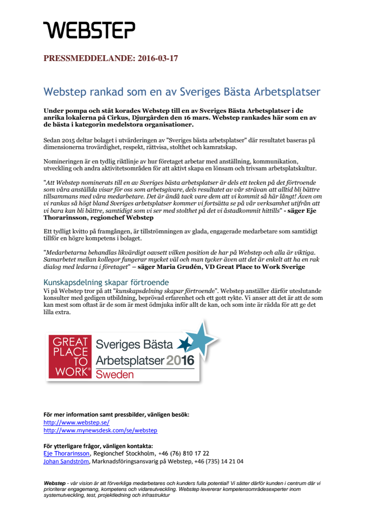 Webstep rankad som en av Sveriges Bästa Arbetsplatser