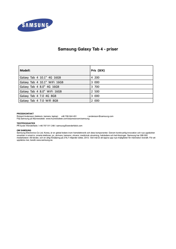 Galaxy Tab 4- Priser SE